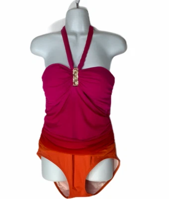 Ralph Lauren Swimsuit One Piece Sz 12 Orange Pink Ruffle Halter Rhinestones - Image 1 of 4