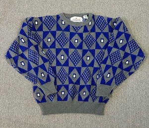 Vintage Sweater Mens S Blue Gray Geometric Retro Disco 70s 80s Korea - Picture 1 of 17