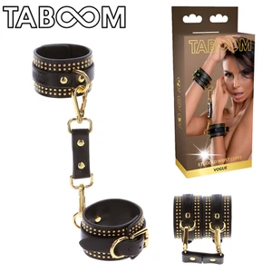 BDSM Manschetten Kunstleder schwarz mit Details und Nieten goldfarben Wrist Cuffs Set - Bild 1 von 11