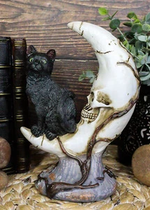 Witching Hour Halloween Black Cat Sitting On Crescent Moon Skull Figurine - Picture 1 of 7