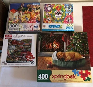 4 Large Pc Puzzles-300 & 400 Pc- Spain /Sugar Skulls /xmas / country quilt scene - Picture 1 of 4