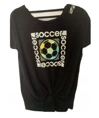 Justice Girls Top Black Size 16/18 Front Knot Lattice Back Soccer Graphic - Image 1 of 4