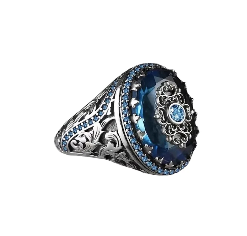 Large Turkish Silver Plated Blue Topaz Ring Women’s Statement Ring Size 8 🎁 - Image 1 of 4