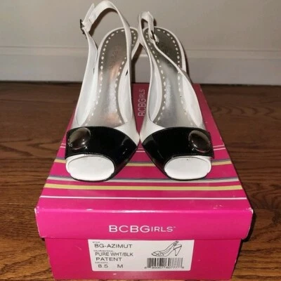 BCBGirls White/Black Button Patent Leather Peep-Toe Slingbacks Sz 8.5 RARE Gift - Image 1 of 4