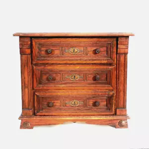 Antique Eastlake Type 3-Drawer MINIATURE Oak CHEST-OF-DRAWERS Bracket Feet c1900 - Picture 1 of 17