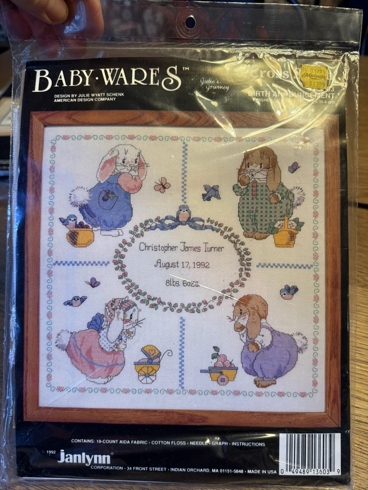 90s Birth Announcement With Bunnies 14x14 Cross Stitch Kit Janlynn #136-03