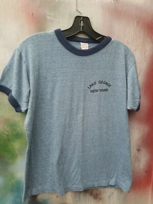 Vintage RAYON 80s LAKE GEORGE NEW YORK Blue HEATHERED RINGER shirt large  - Image 1 of 4