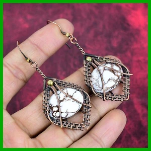 Copper Wild Horse Magnesite Gemstone Wire Wrapped Drop Dangle Wife Gift Earrings - Picture 1 of 6