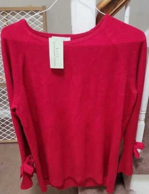 Knit by Hampshire Studio SWEATER Fuschia Size XL w/ Bow on Bell Sleeve Accent - Image 1 of 4