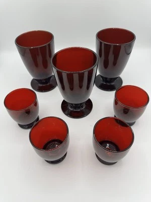 Vintage MCM Royal Ruby Red Glass Set- 3 Footed Tea glasses & 4 Liqueur glasses - Image 1 of 4