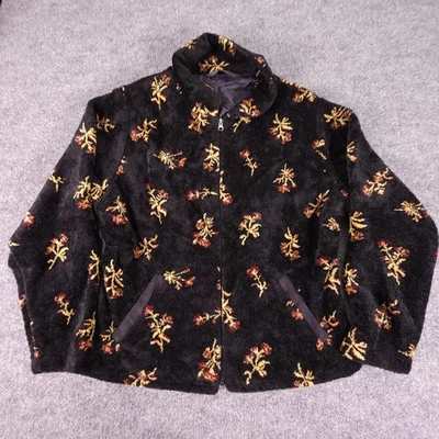 Black Diamond Jacket Womens Large Black Floral Fuzzy Full Zip Lined Made in USA - Image 1 of 4