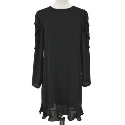 Vestido feminino Saks Fifth Avenue pequeno preto forrado de chiffon com babado renda formal - Imagem 1 de 4