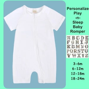 MONOGRAM Custom BABY ROMPER/SLEEPER Short Sleeve Short Double Zipper Cotton Whit - Picture 1 of 39