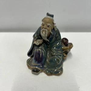 Vintage Shiwan Mudman chinesische Figur glasierter Ton alter Weiser 3 Zoll groß sitzend - Bild 1 von 5