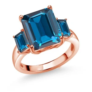 8.82 Ct Emerald Cut London Blue Topaz 18K Rose Gold Plated Silver Ring - Picture 1 of 3