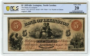 NC-30-G12a $5 años 1859-60 Lexington, NC Bank Of Lexington VF20 PCGS 950414-21 - Imagen 1 de 3