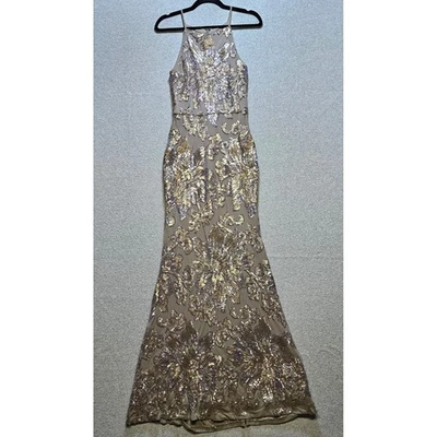 Betsy Adam Dress Women's 2 Taupe Mesh Gold Silver Sequin Long Gown Maxi Formal - Image 1 of 4