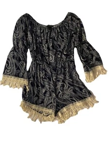 See You Monday Women's XL Romper Blue/ Navy White Paisley Fringe Boho Hippie - Picture 1 of 8
