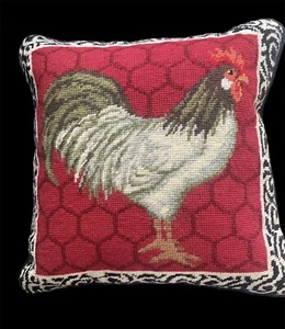 Pillow Needlepoint Rooster Red & White Black Velvet Back Zipper 13.5” Square NEW - Picture 1 of 4
