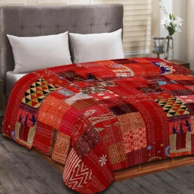 Indian Bohemian Kantha Quilt Handmade Silk Patola Patchwork Bedspread Blanket - Image 1 of 3