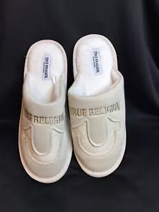 True Religion Womens Fuzzy Slippers Large 8-9 Ladies Beige Faux Fur - Picture 1 of 4
