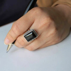 Anello Fatto a mano Cuscino Argento Sterling 925 Cuscino Naturale Onice Nero - Foto 1 di 7