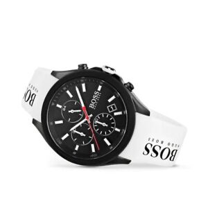 NEW GENUINE HUGO BOSS MEN'S WATCH WHITE SILICONE STRAP AND BLACK DIAL HB1513718