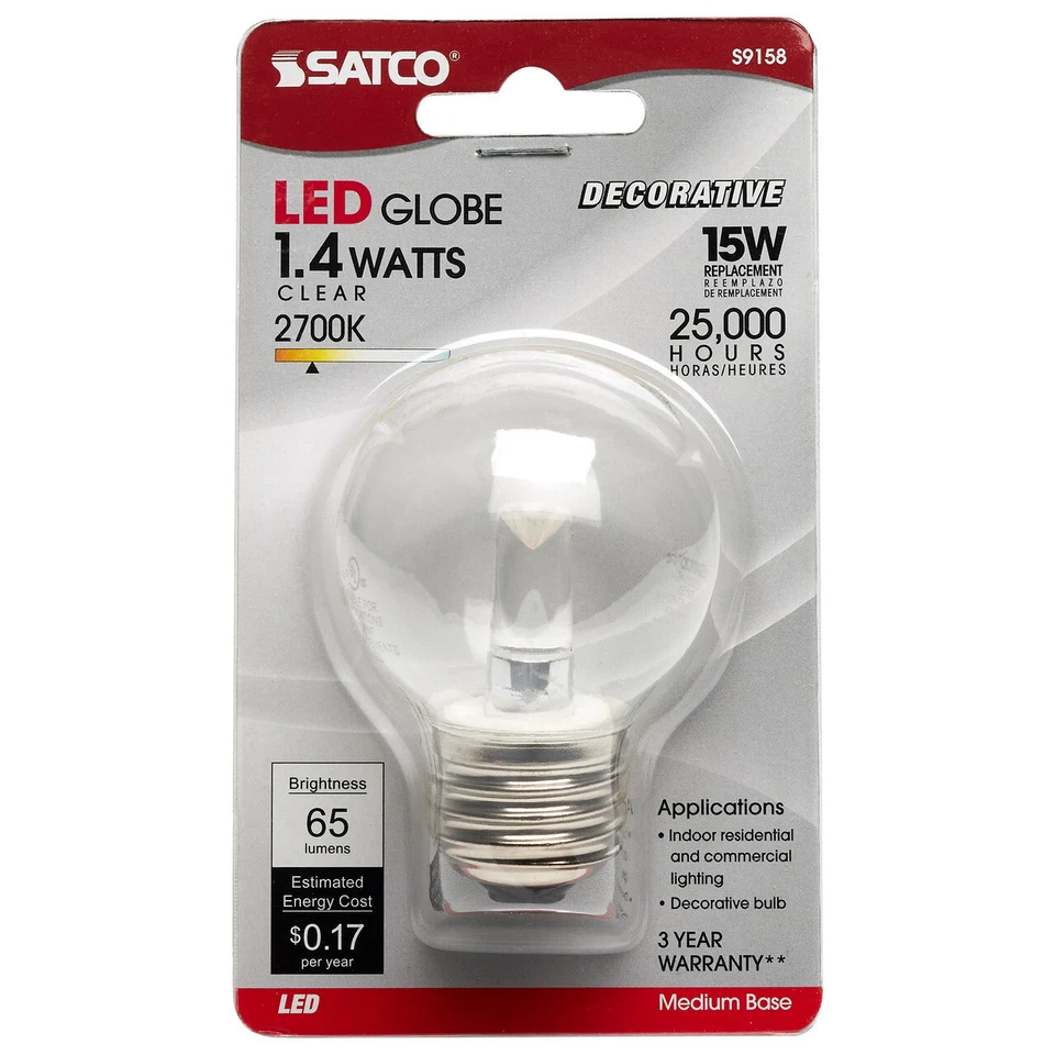 Satco S9158 LED 1.4W 15W G16.5 Clear Globe Bulb 120V Medium E26 Base 2700K Warm - Image 1 of 1