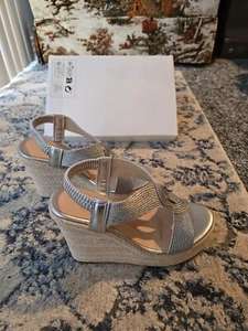 Silver Platform Sandals Wedge Open Toe Ankle Strap Lace Wedding Shoes Size 5 - Picture 1 of 5