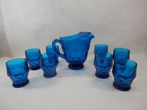Vintage Aqua Turquoise Blue Glass Pitcher And 8 Glasses 0011010 - Picture 1 of 3