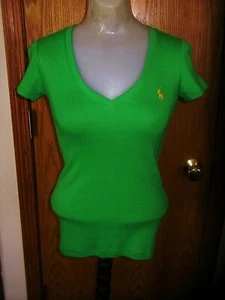 RALPH LAUREN-CLASSIC-S/S-GRN T-SHIRT/TOP-V NECKLINE-YELW CHEST LOGO-COTTON-S-NWT - Picture 1 of 4