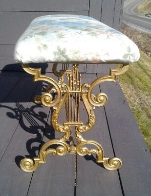 Antique Victorian Fireside Bench Seville Art Studios w Cast Iron Gold Lyre Base - Image 1 of 4