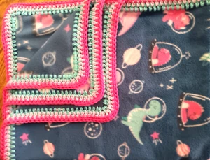 Fleece Baby Blanket Crochet Edge Dinosaurs 🦕 Space Capsules - Picture 1 of 4