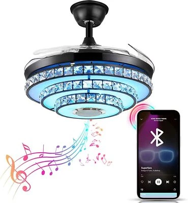 42"Bluetooth Music 7-Color Crystal Chandelier Remote Ceiling Fan Light w/Speaker - Image 1 of 4