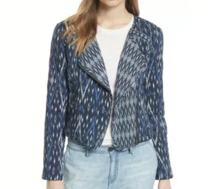 Soft Joie Akinyi Lightweight Quilted Crop Jacket Coat Blue Ikat Moto Zip XS NWT - Picture 1 of 12