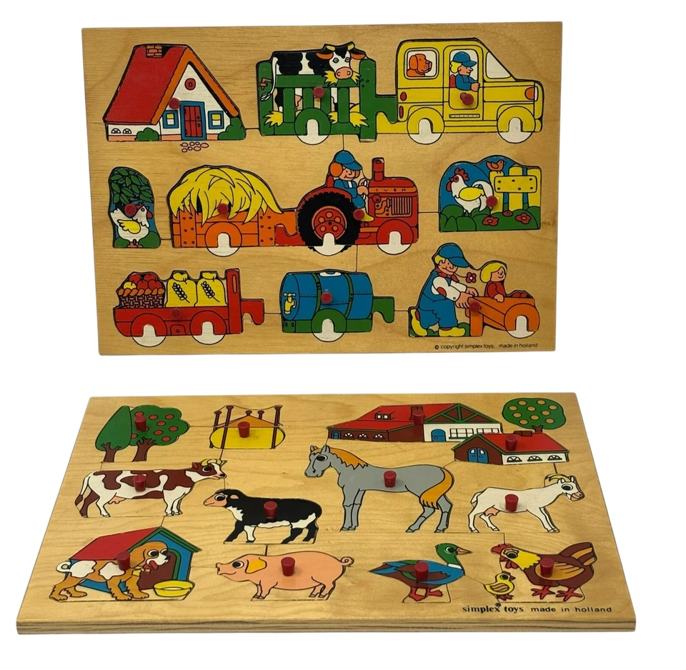 SIMPLEX TOYS Lot 2 Wooden Wood Peg Puzzle Farm Tractor Animals Holland - Image 1 of 4