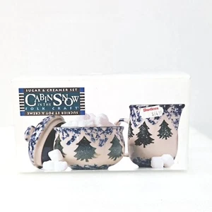 Tienshan Folk Craft Hütte im Schnee Zucker und Milchkännchen Set blau Schwammgeschirr 1998 Neu aus altem Lagerbestand - Bild 1 von 6