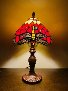 14" Tiffany Table Lamps Red Leadlight Stained Glass Crystal Bead Dragonfly Style - Picture 1 of 6