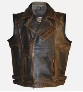 H-Davidson Men's Knuckle Distressed Biker Vests Genuine Leather Riding Vest - Picture 1 of 4