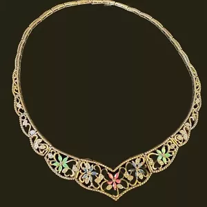 Sterling Silver Gemstone Collar Necklace Ruby Saphire Emerald Flowers - Picture 1 of 17