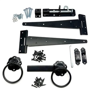 Heavy Duty Black Garden Gate Hinge Pack | 2x 12" Tee Hinge, Ring Latch, Padbolt - Picture 1 of 5