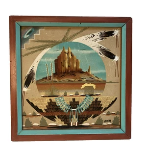 Vintage Künstler gesungen BEHM Navajo Sandgemälde gerahmt Südwesten Wandbehang  - Bild 1 von 16