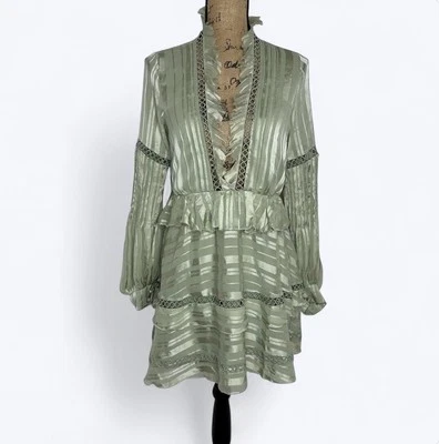 ASOS Design Mini Ruffle Dress US Sz 6 Sage Green Boho Fairycore Romantic Flaw - Image 1 of 4