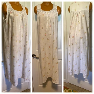 ARIA WHITE FLORAL W/ LACE YOKE NOBBY COTTON BLEND PRAIRIE NIGHTGOWN SZ S-M - Image 1 of 4