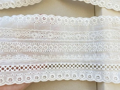 2 Yds Bright White Cotton Embroidered Lace Trim/Sewing/Lingerie/Crafts/4.5" Wide - Image 1 of 4