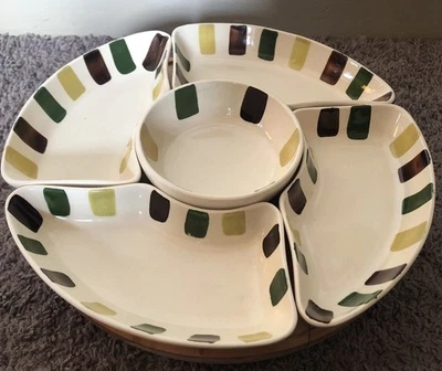 Винтажный набор сервировочных чаш с ручной росписью поворотный стол зеленый коричневый осень 5 шт. скол погружение  - Изображение 1 из 4