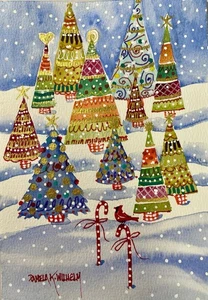 Pamela Wilhelm original 6”x8” acuarela y tintas árboles de Navidad colinas de nieve - Imagen 1 de 3
