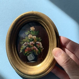 Vintage Italien Ölgemälde kleiner Goldrahmen Stillleben Blumen signiert (h) - Bild 1 von 9