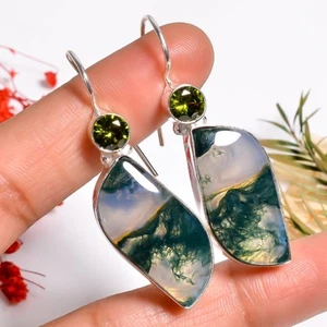 Moos Achat Peridot Edelstein Handmade Jewelry.925 Silber Ohrringe 1.9 " SU12841 - Bild 1 von 6
