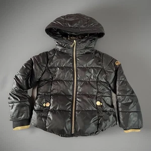 Michael Kors Toddler Puffer Jacket Girls Size 4T Black Faux Fur Leopard Trim EUC - Picture 1 of 9